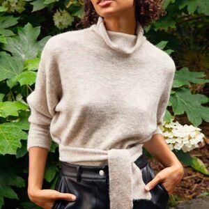 Wilfred Lorin Funnel Mock Neck Long Sleeve Tie Belt Sweater Tan Gray Women Small